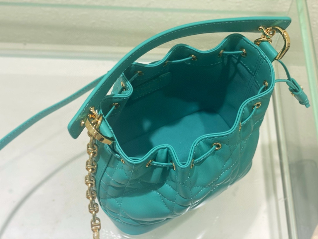 Small Dior Jolie Bucket Bag Aquamarina Macrocannage Lambskin and Calfskin